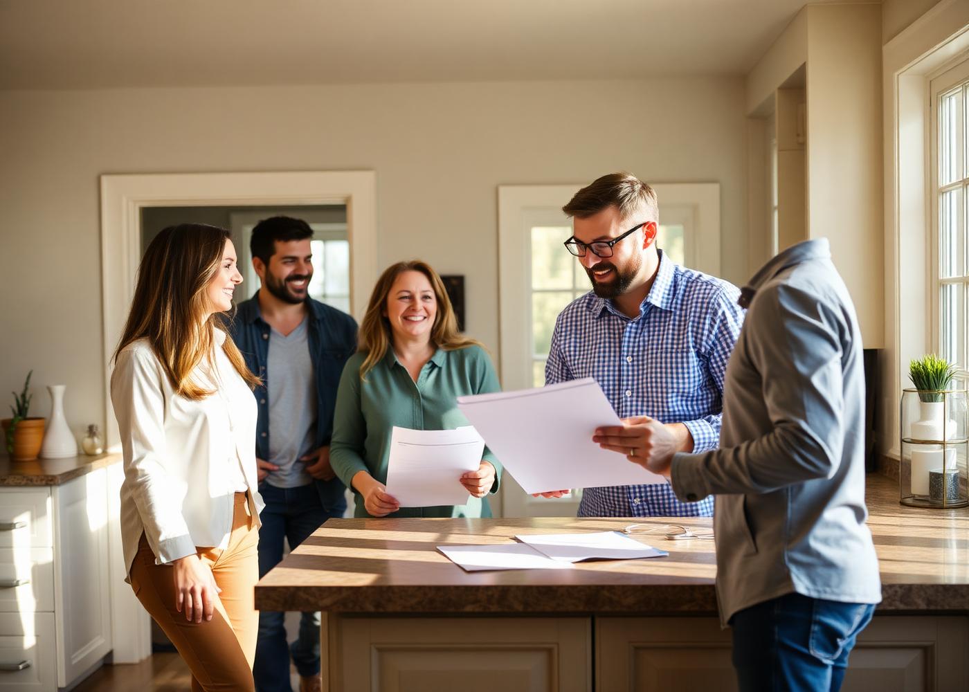A family reviewing paperwork with a home buyer in a bright kitchen