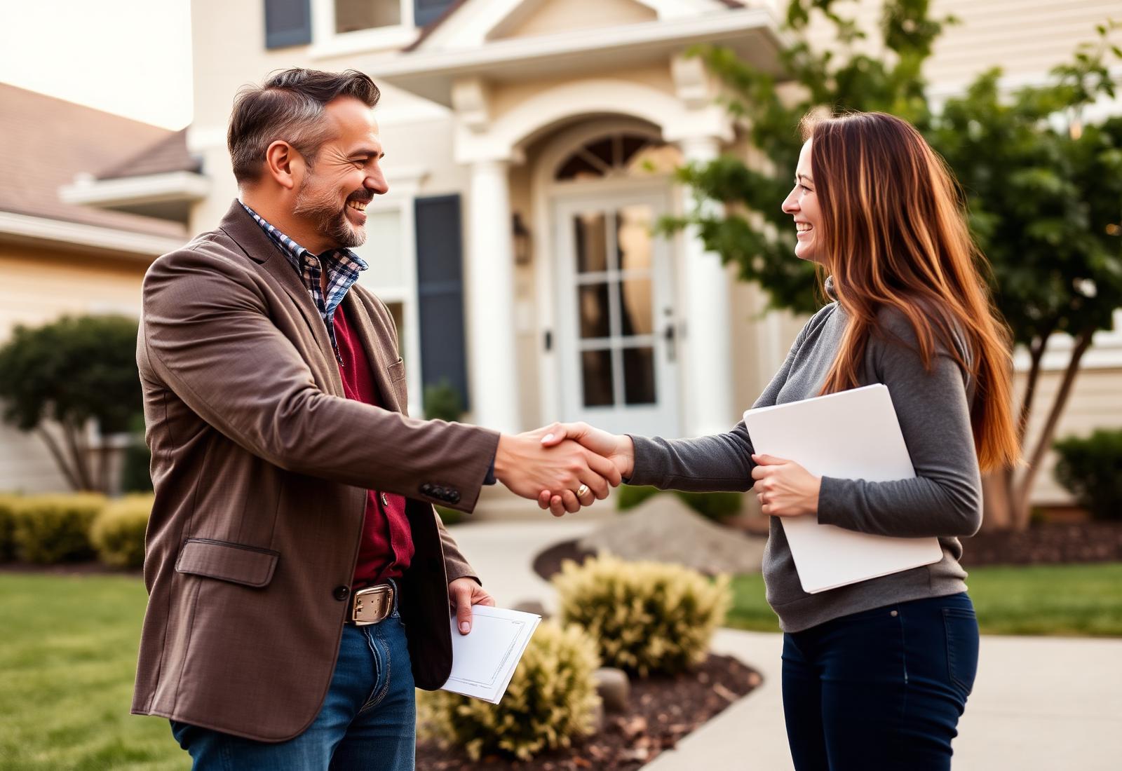 A homeowner shaking hands with a Gifted Home Solvers advisor in front of her house